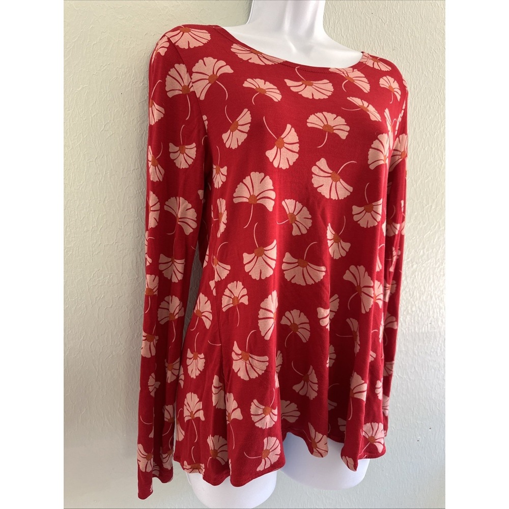 Gudrun Sjoden Top Small Womens Green Floral Jersey Knit Long Sleeve